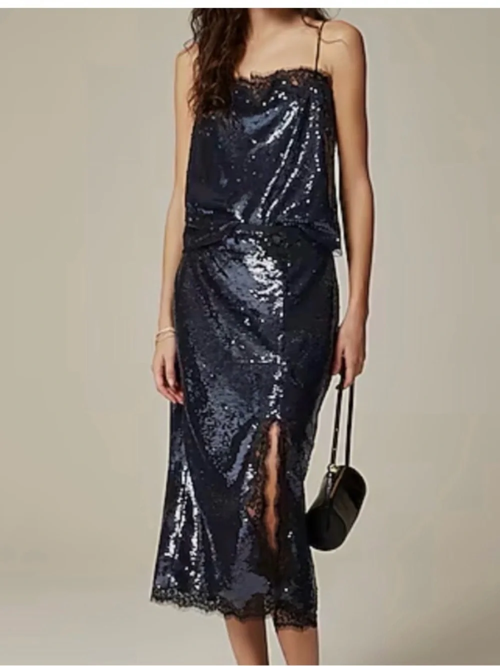 NWT JCREW COLLECTION BLACK SEQUIN MIDI SKIRT LACE TRIM FRONT SLIT. SIZE 10.